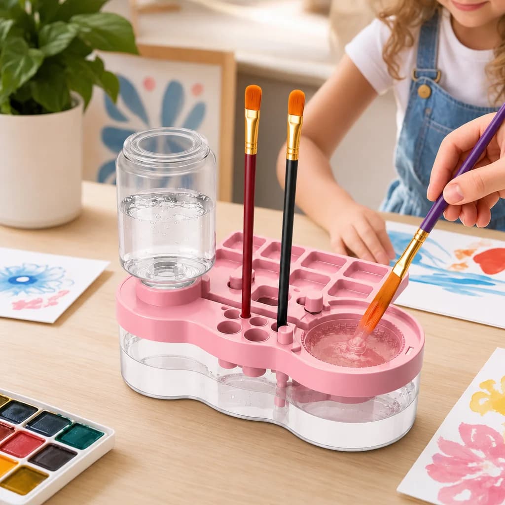 Piveli Brush Washer in use at a bright family art table